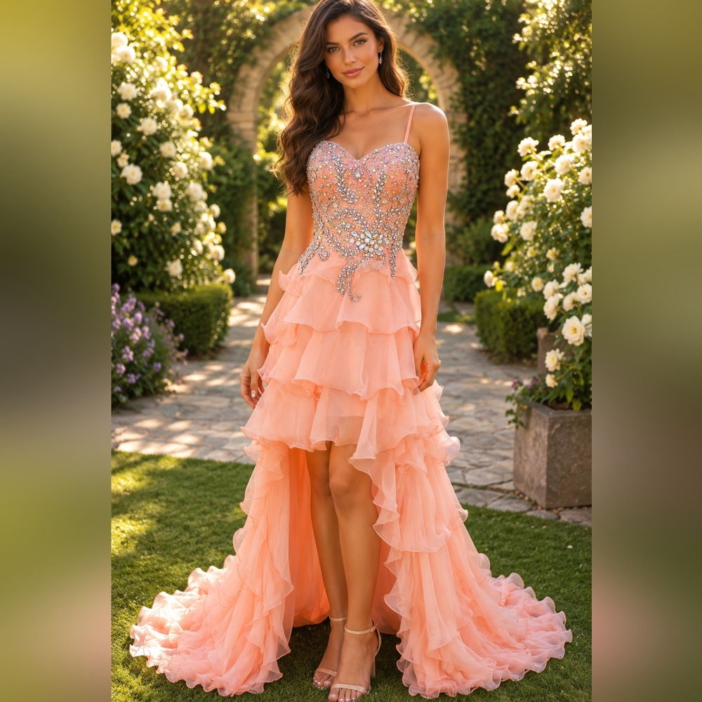 NWT Sherri Hill Peach High-Low Ruffled Dress with Jeweled Bodice, Size 4